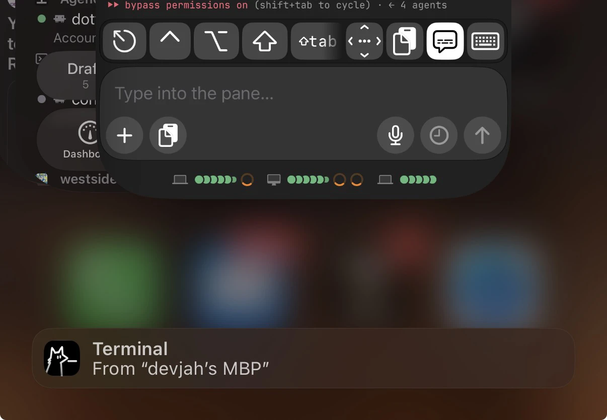 iPhone App Switcher showing Terminal’s Handoff banner: Terminal, From devjah’s MBP.