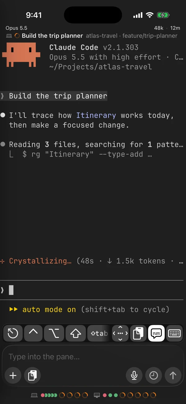 Terminal in JetBrains Mono with context shown as 48k tokens and no typing overlay.