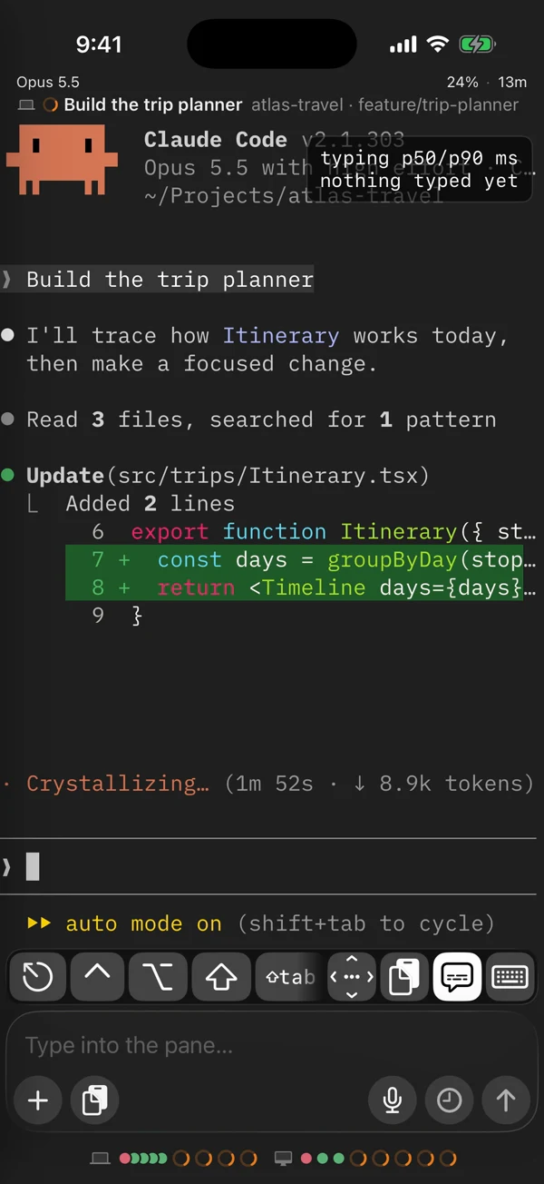 The same terminal pane in IBM Plex Mono with context shown as 24 percent and the typing HUD visible.